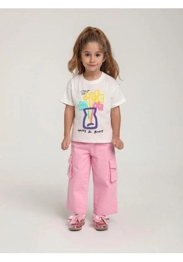 Escabel Kız Çocuk Pamuklu Punch İşlemeli T-shirt-15665 Çok Renkli