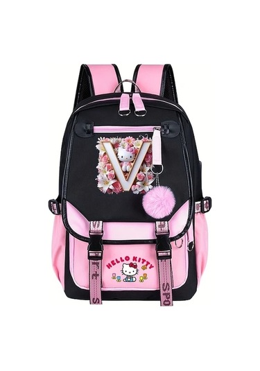 Fastbuy Sanrio Hello Kitty 26 Harf Tasarımı Pembe Hafif Polyester Günlük Seyahat Çantası Çok Renkli