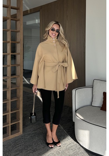 Camel Düğmeli Kuşaklı Kaşe Panço - 2055 Camel