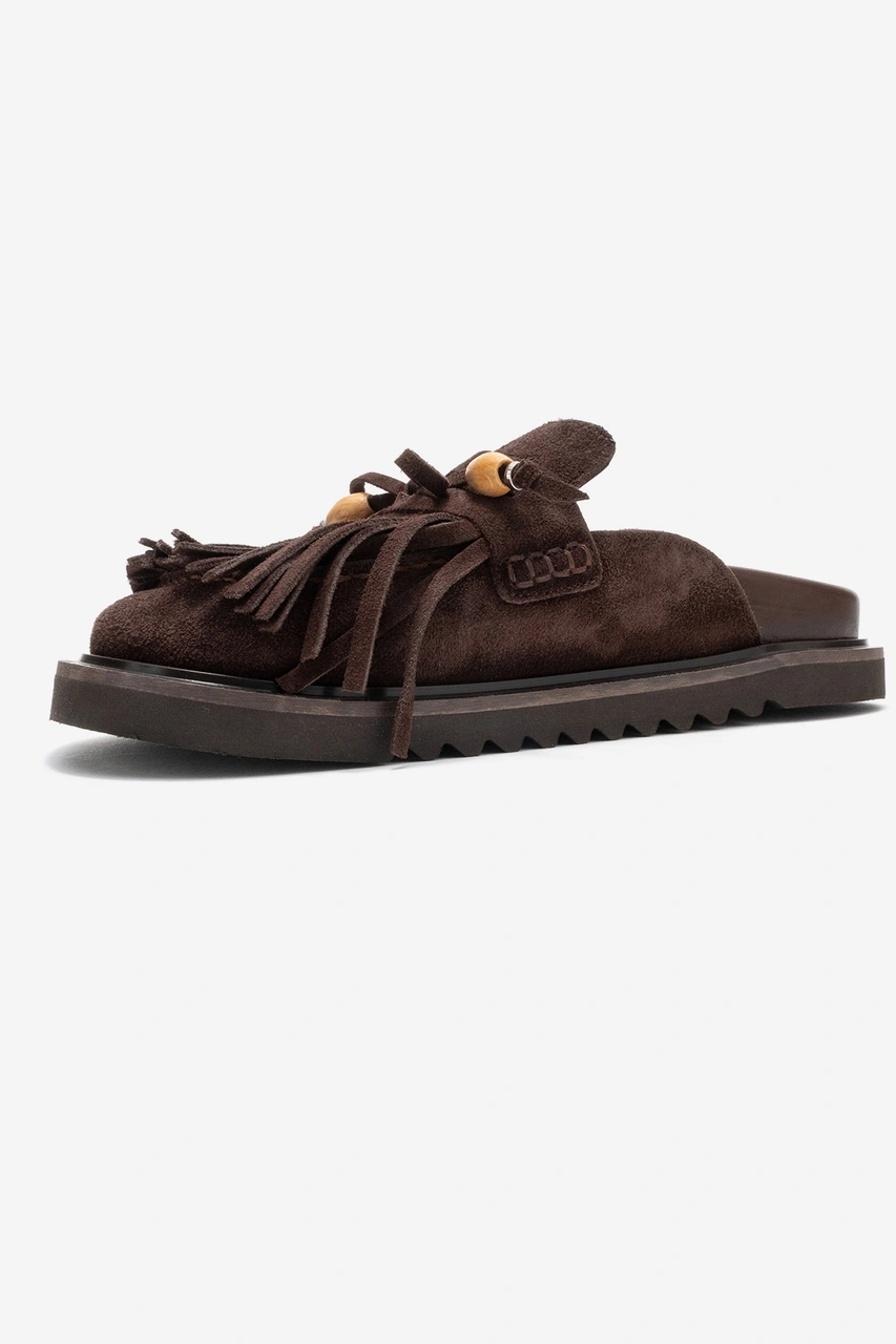 Carol Kahverengi Süet Püsküllü Hakiki Deri Kadın Burnu Kapalı Terlik Kahverengi