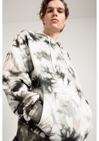 Jahr Marc Batik Yıkamalı Gri Oversize Erkek Kapüşonlu Sweatshirt Gri