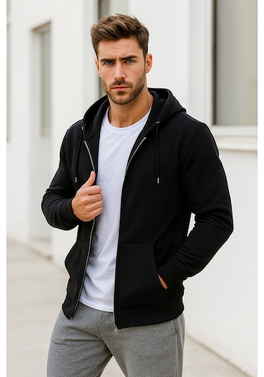 Rich Erkek Siyah Kapüşonlu Kanguru Cepli Fermuarlı Sweatshirt Siyah
