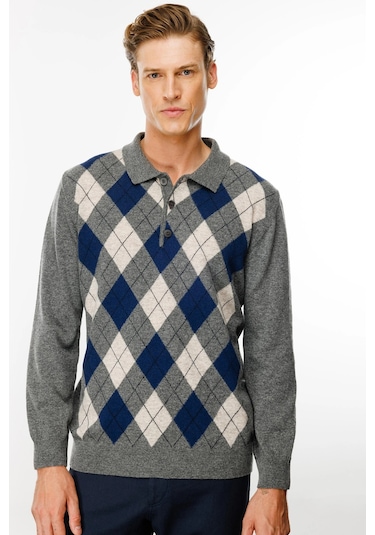 Desen Triko Erkek Polo Yaka Önü Baklava Desenli Yün Kazak 24513 Füme Füme