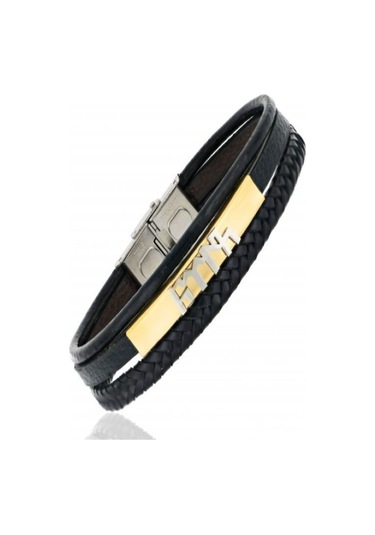 Erkek Deri Bileklik - Çepni Göktürkçe Işlemeli Çoklu Deri Çelik Plaka Deri Bileklik