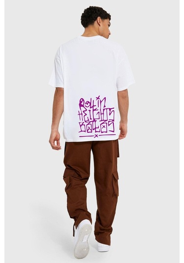 Gang Serıes Erkek Beyaz Oversize Street Graffiti Baskılı T-shirt Beyaz
