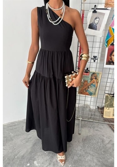 Tek Omuzlu Pile Detay Maxi Elbise 2895 S