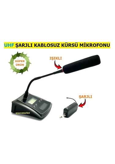 Uhf Telsiz Kablosuz Kürsü Mikrofonu Şarjlı-ışıklı-kaliteli Ses