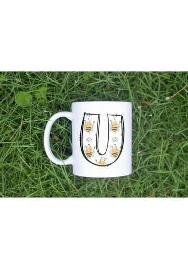 U Harfi Arı Desenli Kupa - Sevimli Hayvan Temalı Kişiye Özel Kahve Kupası - Şans Kupası Beyaz