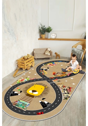 West Home Makinede Yıkanabilir Kaymaz Taban Leke Tutmaz Yol Desenli Çocuk Odası Halısı Oyun Halısı