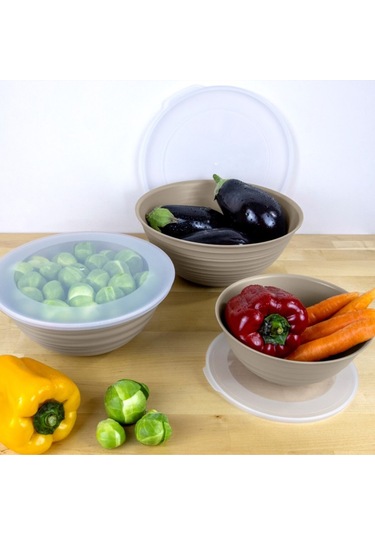 Ceronni Galaksi Desenli Kapaklı Kase 3lü Set 3lt 2lt 1lt Bej Bej