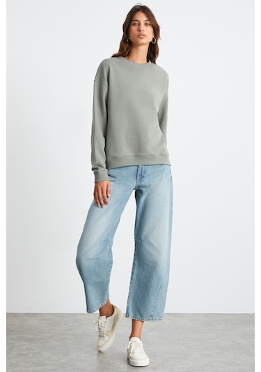 Grimelange Maıja Kadın Bisiklet Yaka İçi Polarlı Oversize Fit Basic Açık Haki Sweatshirt Açık Haki