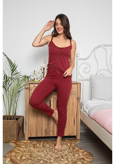 Kadın Bordo Renkli Dantel Detaylı Şortlu Ve Taytlı Pijama Takımı 3'lü Set 75018 Bordo