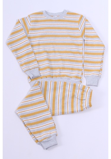 Hçm Erkek Çocuk Pijama Takımı Çizgili Ribanalı A35 Sarı
