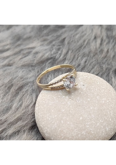 Chavin 0,70 Carat Tek Taş Sarı Altın Yüzük Du31