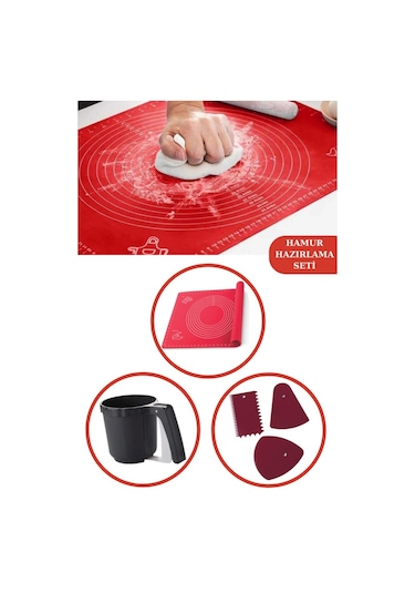 Silicolife Hamur Matı 40x50cm Flosoft 3'lü Kazıyıcı Kesici Un Şeker Eleği, 3 Lü Kek Pasta Set Çok Renkli