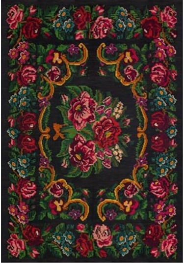 Çam Halı Gloria Td732 Siyah Karabağ Desen Dokuma Saçaklı Kilim
