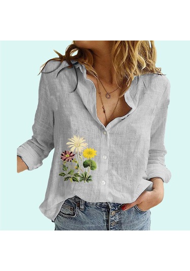 Kadın Modası Çiçek Baskılı Gömlek Kadın Modası İlkbahar&sonbahar Uzun Kollu Üst Bayan Keten Uzun Kollu Bluzlar Gri