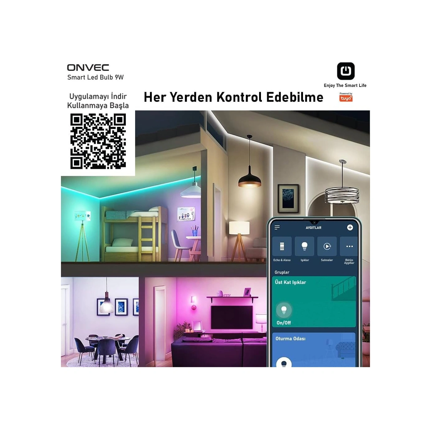 Konesam Onvec 2gen Tuya 9w Akıllı Ampul, Wifi+bluetooth Desteğiyle Rgb Renk Ve Parlaklık Ayarlamalı, 806 Lumens, 200-240v, 20.000 Saat Ömür 1 Adet Beyaz