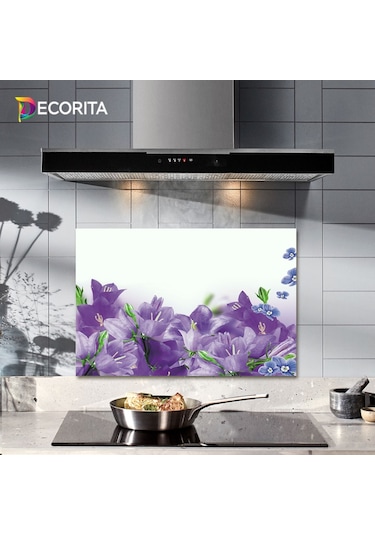 Decorıta Cam Ocak Arkası Koruyucu | Mor Çiçek