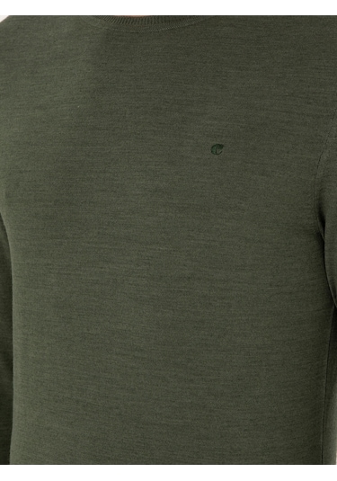 Cacharel Haki Slim Fit Yün Karışımlı Bisiklet Yaka Basic Triko Kazak Yesıl