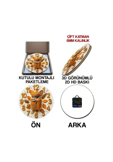 Zamanın Baharatı Kavanoz Temalı Sessiz Yuvarlak Ahşap Duvar Saati, Kuvars Coffe Desen 2d Sdw209 Renkli