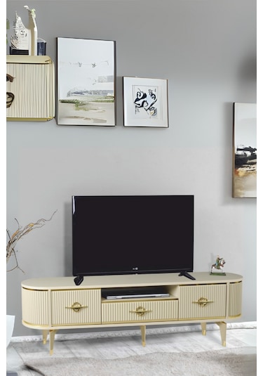 Duru Tv Sehpası Cappuccino Gold 2 Kapaklı 1 Çekmeceli Mebran Kapaklı Oval Tasarım 180x40x50 Cm