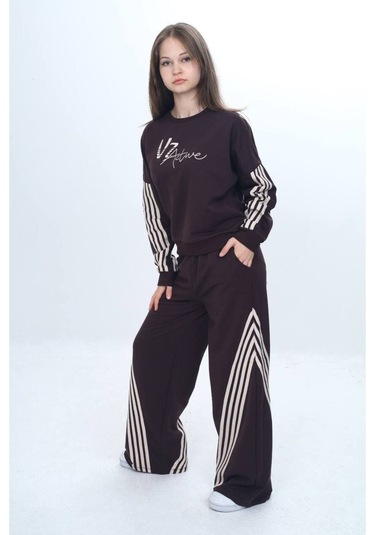 Kız Çocuk %100 Pamuk Şeritli Oversize 2 İplik Alt&üst Eşofman Takımı-305-eşt-0009 Kahverengi