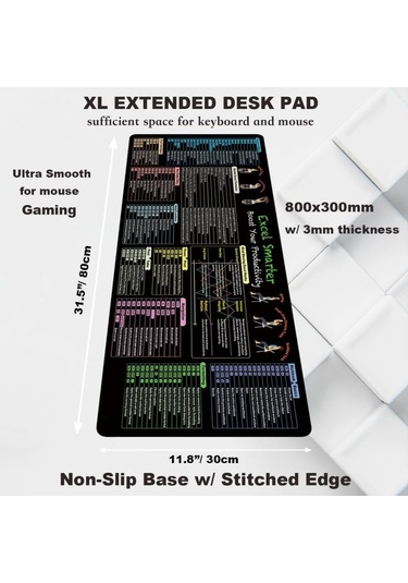 Excel Kısayolları Klavye Mouse Pad Büyük Kaymaz Ofis Masa Matı 11 Kısayol