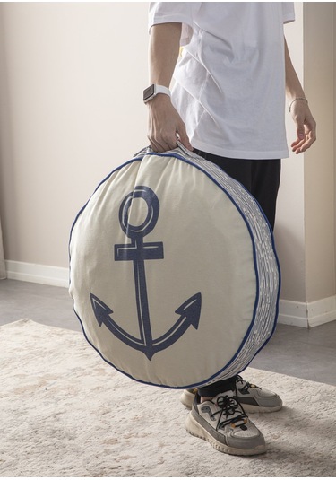 Çapa Desenli Taşınabilir Yuvarlak Dekoratif Yer Minderi Puf 60x60