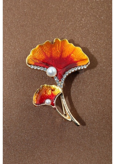 Ginkgo Yaprağı İncili Taşlı Broş. Yaka İğnesi Broş. Kadın Broş. Çiçek Broş. Ginkgo Broş. Gold Broş. Altın - Kırmızı