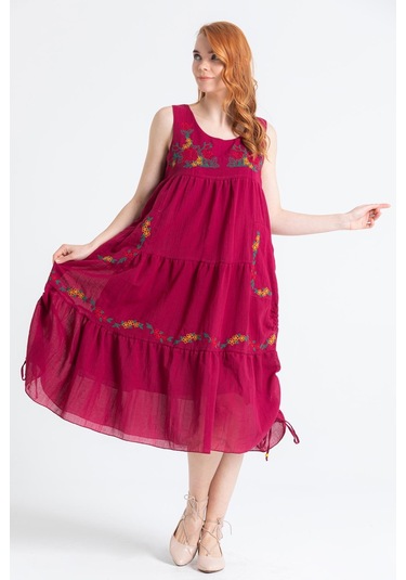 Kolsuz Vual Ahsen Nakışlı Midi Boy Elbise Bordo Brd-bordo