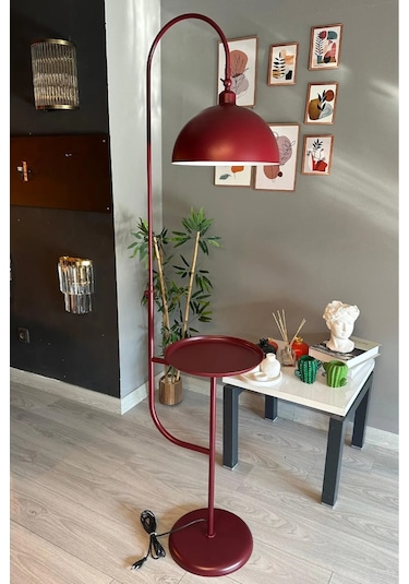 Dimmerli Işığı Ayarlanabilen Işığı Artırılıp Azaltılabilen Vişne Hareketli Başlık Metal Lambader Bordo