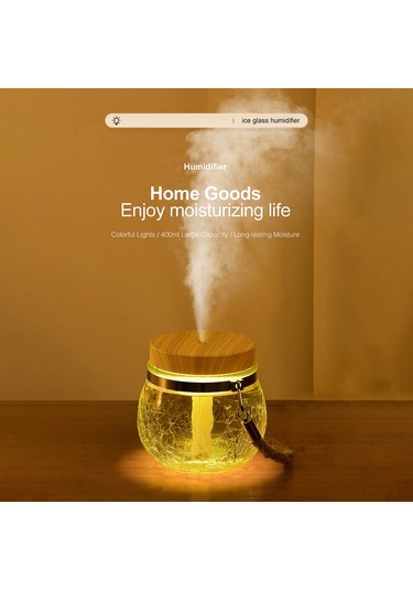 Leezsing Ev Masaüstü Buz Çiçekli Cam Usb Nemlendirici, 7 Renkli Led Işık, Sessiz Nano Sprey Teknolojisi, 400ml Kapasite