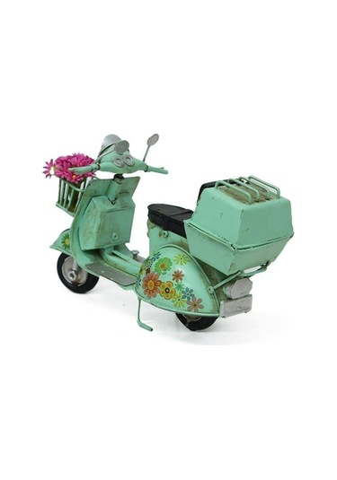 Vintage Dekoratif Sepetli Metal Scooter - Yeşil