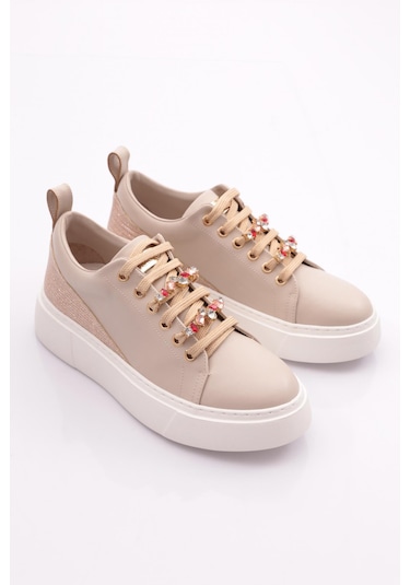 Dgn Es863 Kadin Kalin Renkli Kristal Taşli Sneakers Ayakkabi ES863-2007-R0152 Bej