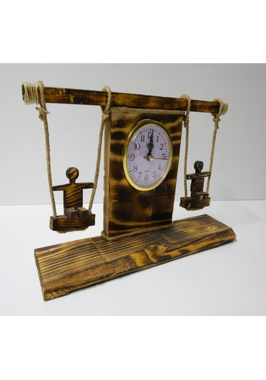 Dekoratif Ahşap Salıncaklı Masa Saati El Yapımı Tasarım Açık Kahverengi