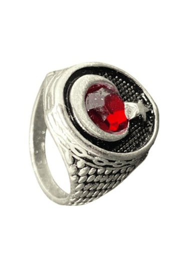 Bijuteri Gümüş Kaplama Kırmızı Taşlı Türk Bayrak Sembol Vintage Desenli Erkek Yüzük Gümüş