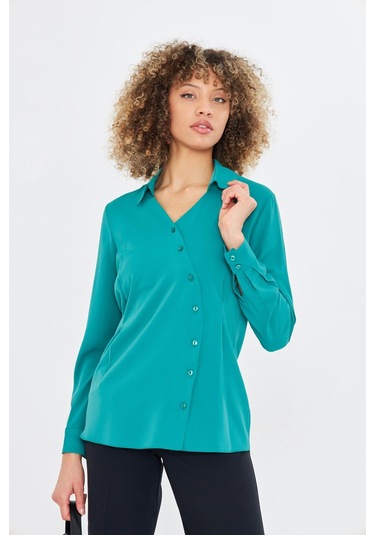 Asimetrik Pile Detay Gömlek Yeşil Yeşil