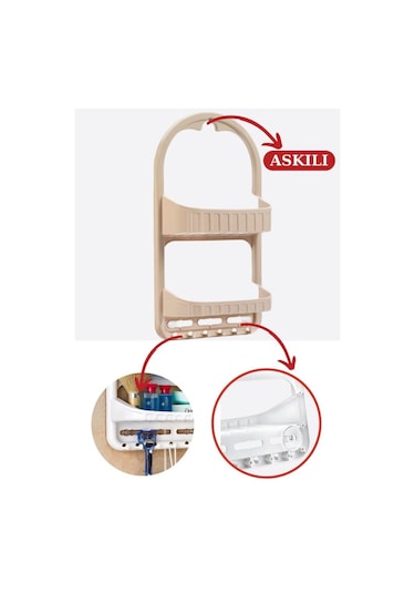 Flosoft 2 Raflı Şampuanlık, Duşa Asılabilir Vantuzlu Banyo Şampuan Sabun Kozmetik Düzenleyici Kahverengi