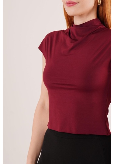 Boğazlı Parlak Kumaş Bordo Crop Bordo