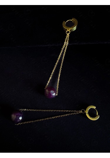 Akik Doğal Taşlı Gold Çelik Küpe -doğa Serisi Altın