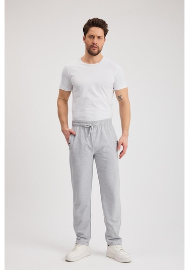 Gri Erkek Fermuarlı Cepli Nakış Detaylı Düz Paça Rahat Kesim Günlük Eşofman Altı Gri