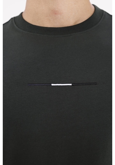 Rowinger Minimal Göğüs İşlemeli Rahat Kalıp Esnek Manşetli Mevsimlik Bisiklet Yaka Sweatshirt Haki