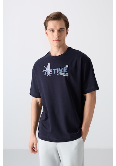 Tommy Life Lacivert Pamuklu Kalın Yumuşak Dokulu Oversize Fit Baskılı Erkek T-shirt - 88344 001