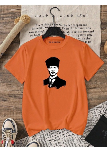 Atatürk Baskılı Oversize Unisex Tişört Turuncu