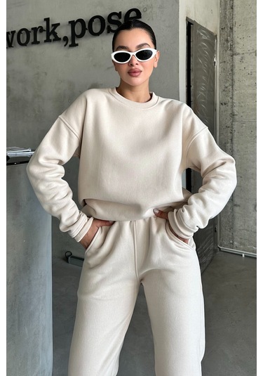 Modagen Unisex Bej Bisiklet Yaka Düz Oversize Alt-üst Eşofman Takımı Bej