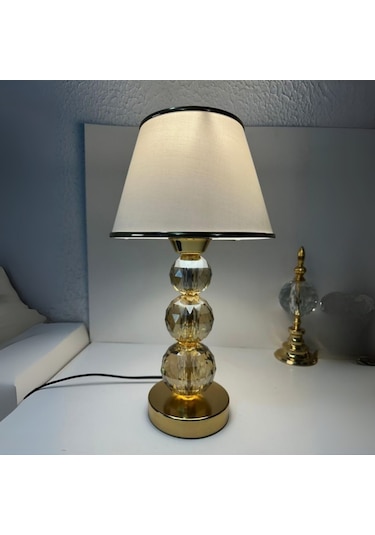 Mooncher Cam Gövdeli Gold Metal Abajur Altın Şeritli Krem Kumaş Başlık Gece Lambası Krem - Gold