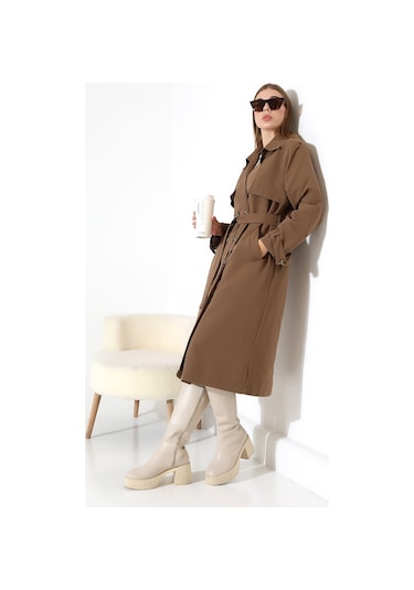 Amazon Keten Kumaş Diz Altı Yumuşak Dokulu Düğmeli Astarlı Trenç Kot Sütlü Kahve Sütlü Kahve