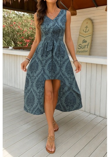 Leyla Sanat Sanata Yeni Bir Bakış Açısı Kadın Kolsuz V Yakalı Desenli Süprem Tulum Elbise Mavi