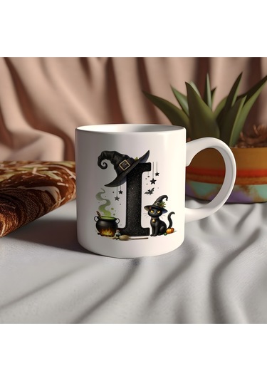 I Harfli Halloween Kedili Figür Kupa Bardak - Şapkalı Ve Kazanlı İsme Özel Kupa - Hediye 07 Beyaz